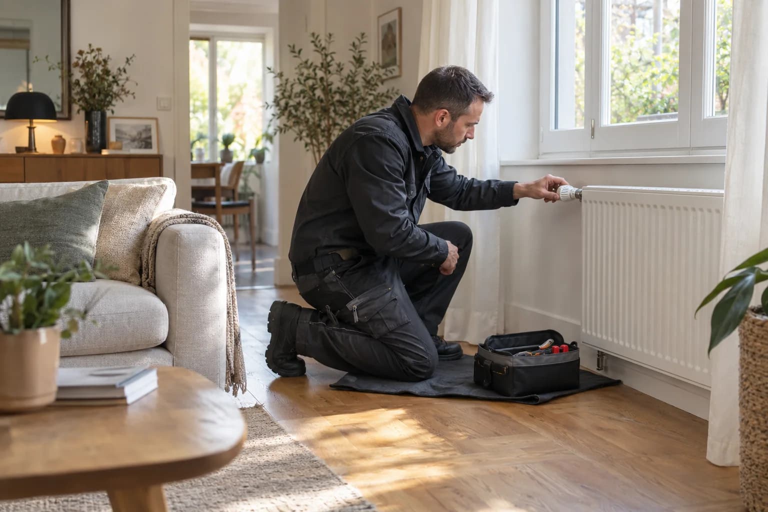 Un chauffagiste agenouillé examine le robinet d'un radiateur sous une fenêtre de salon.
