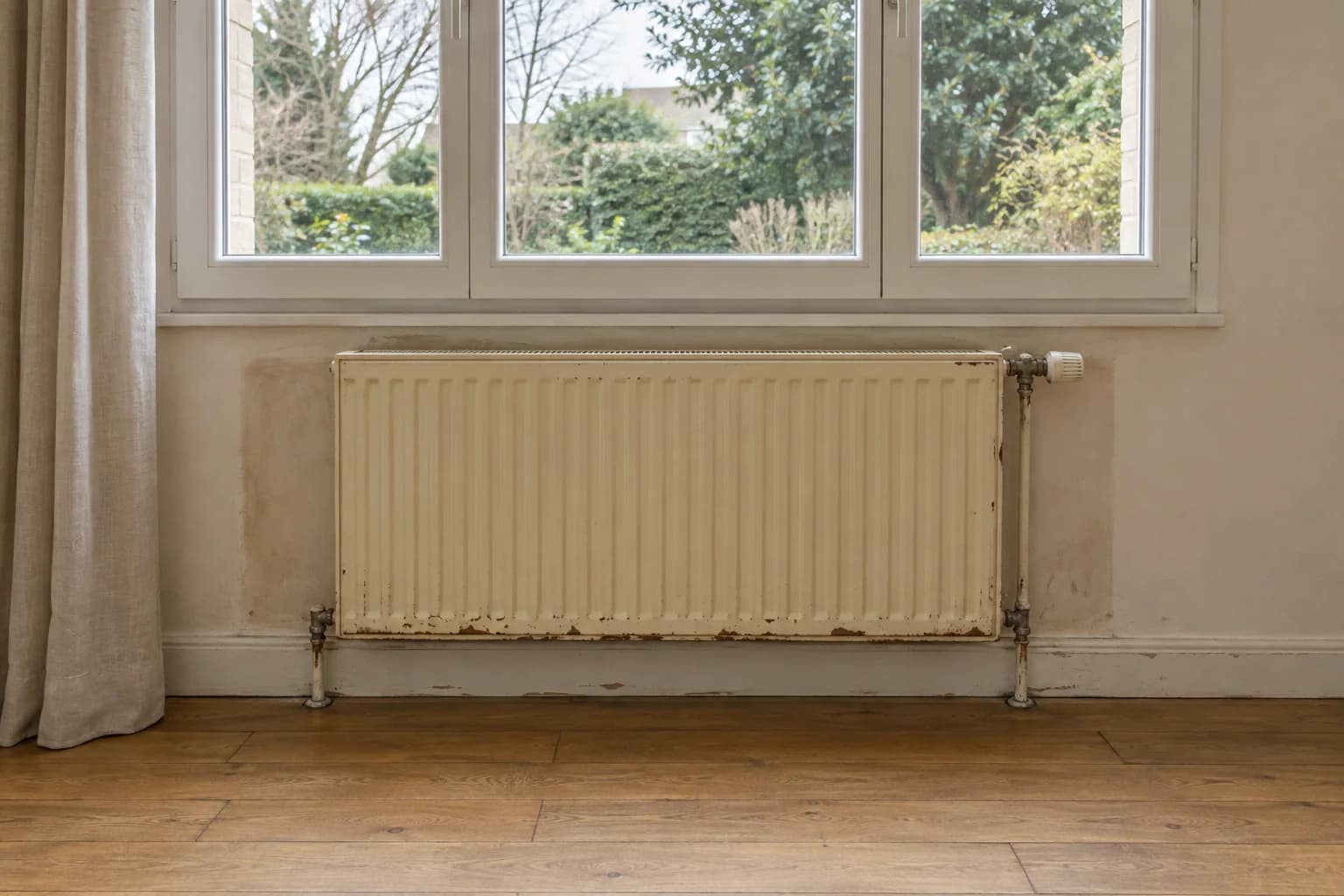 Radiateur ancien jauni et marqué de rouille sous une fenêtre, avec traces sur le mur.