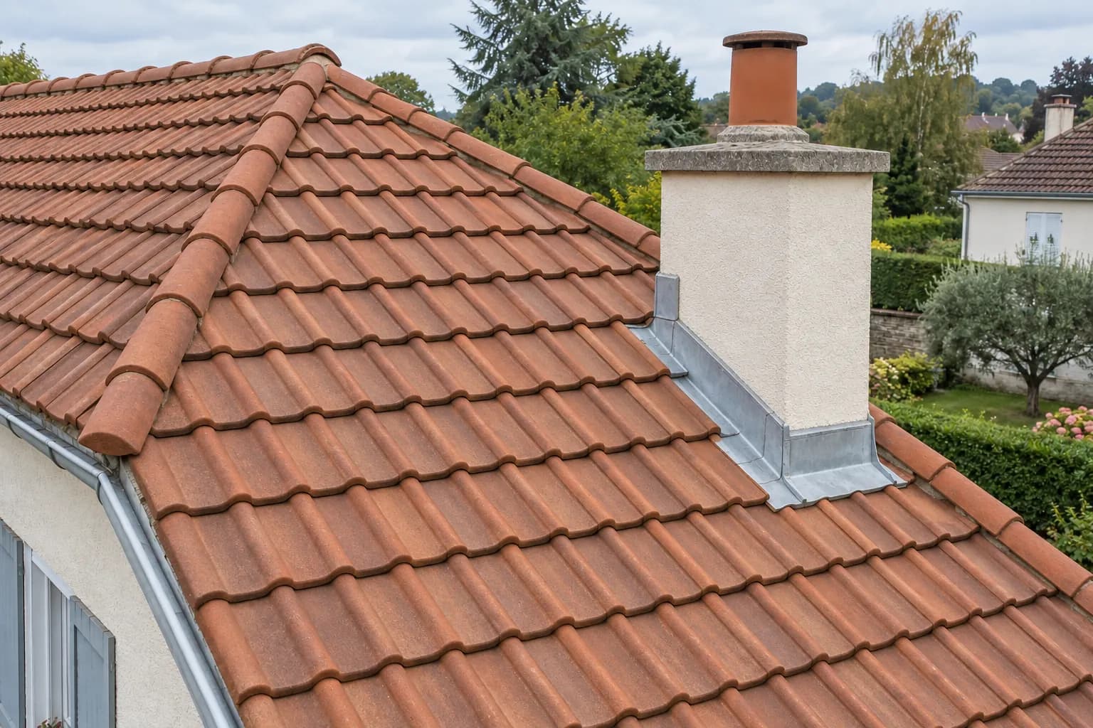 Même toiture avec tuiles alignées, faîtage repris et raccords en zinc autour de la cheminée.