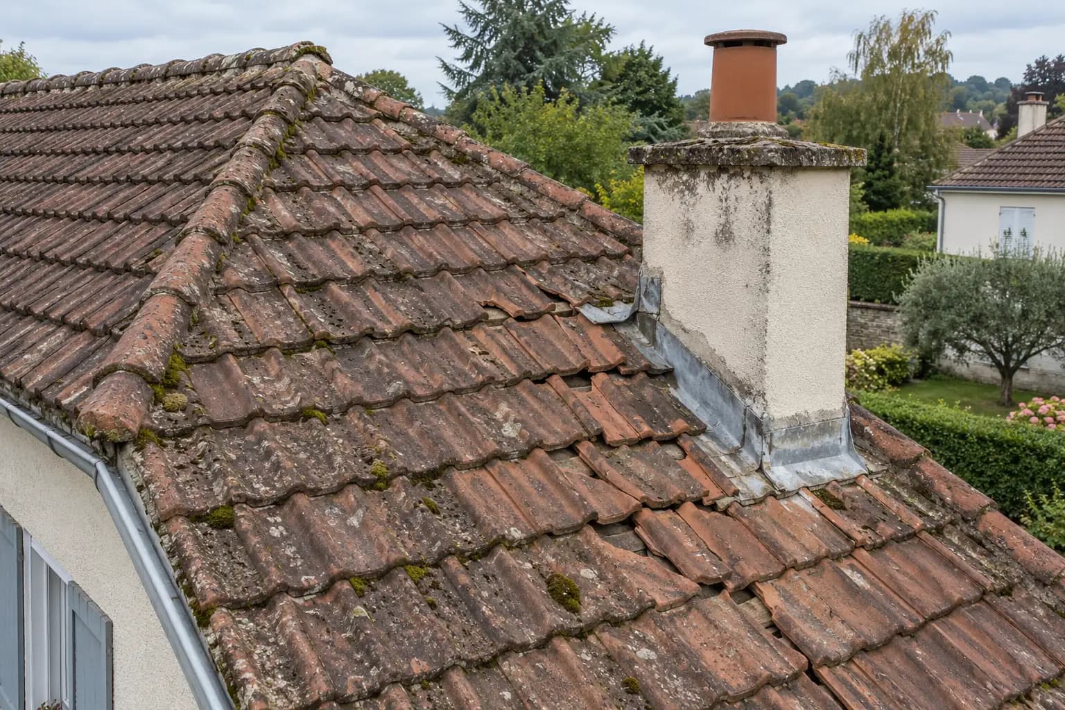 Tuiles fissurées et décalées autour d’une cheminée, avec raccords en zinc usés.