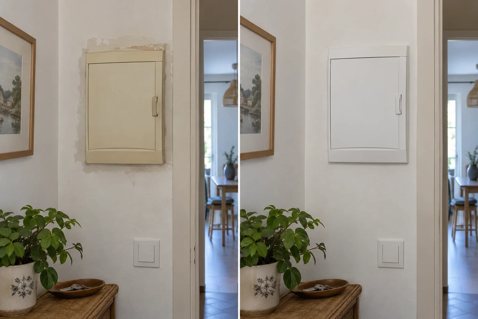 Illustration en diptyque : un coffret électrique fermé et jauni à gauche, un coffret fermé blanc avec une finition murale nette à droite.