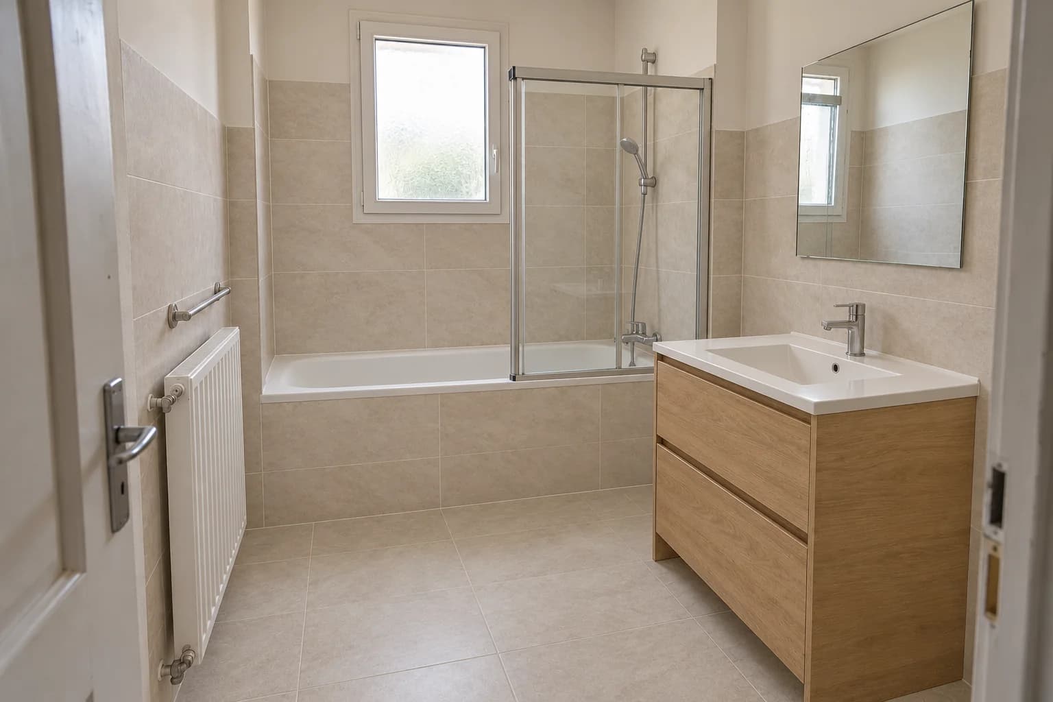 Même salle de bains avec carrelage clair, meuble vasque en chêne et pare-baignoire vitré.