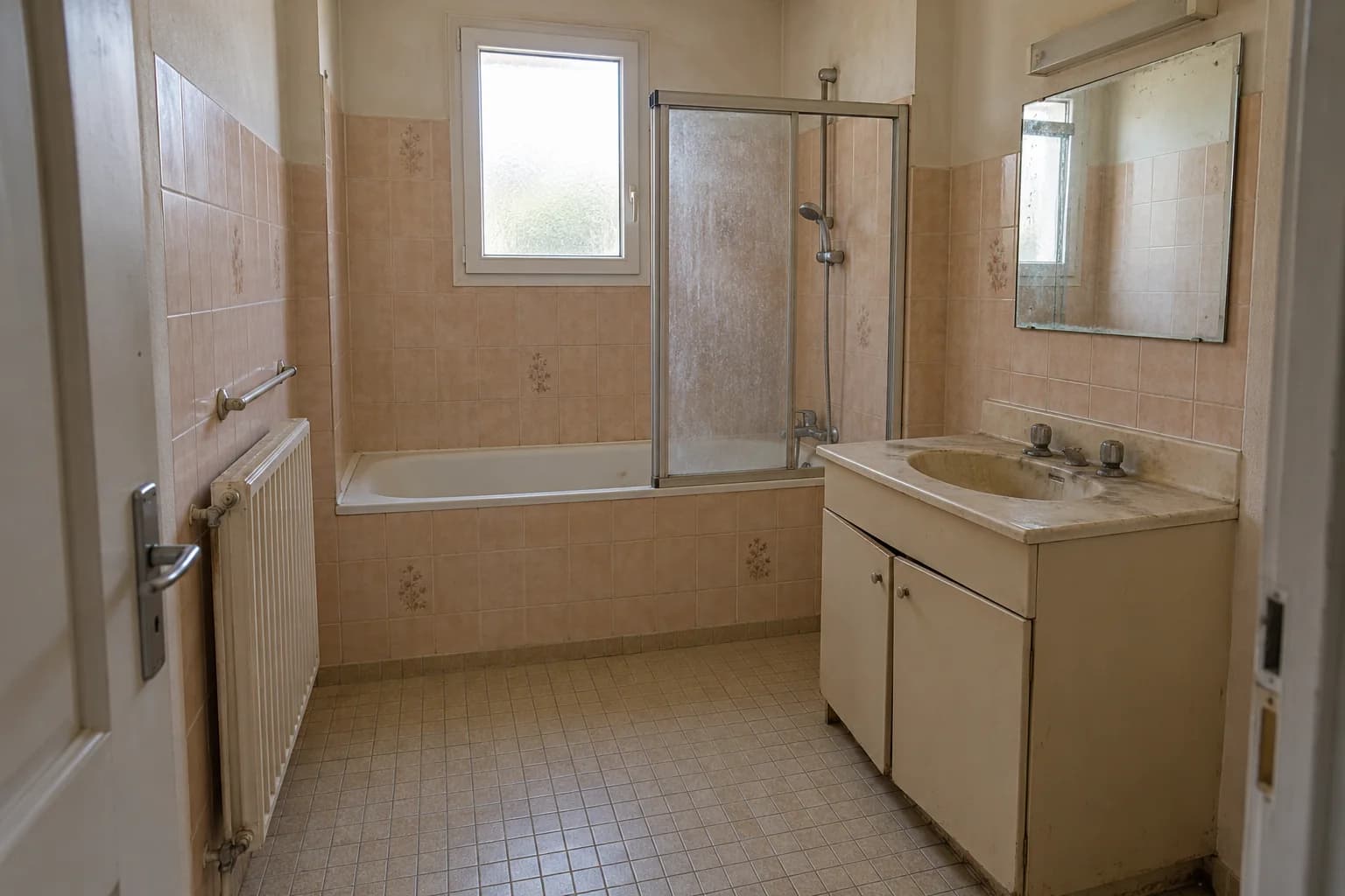 Salle de bains au carrelage pêche, avec baignoire sous la fenêtre et meuble vasque beige.