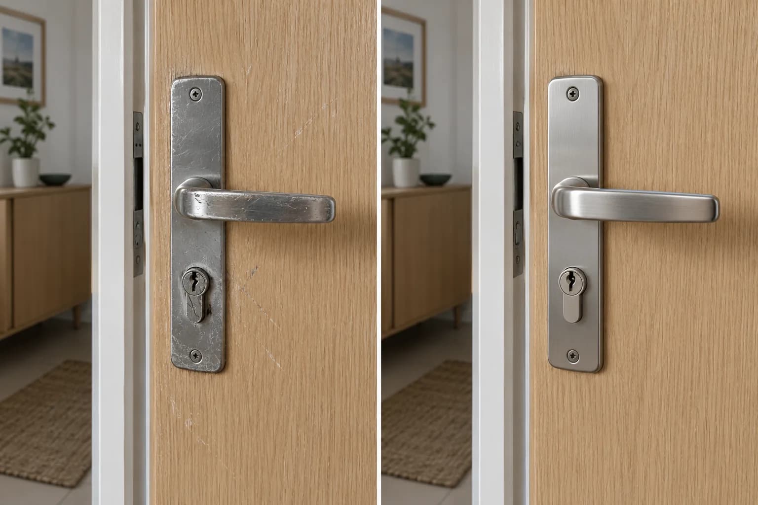 Illustration en diptyque : une poignée et une serrure usées à gauche, un nouvel ensemble sur la même porte en bois à droite.