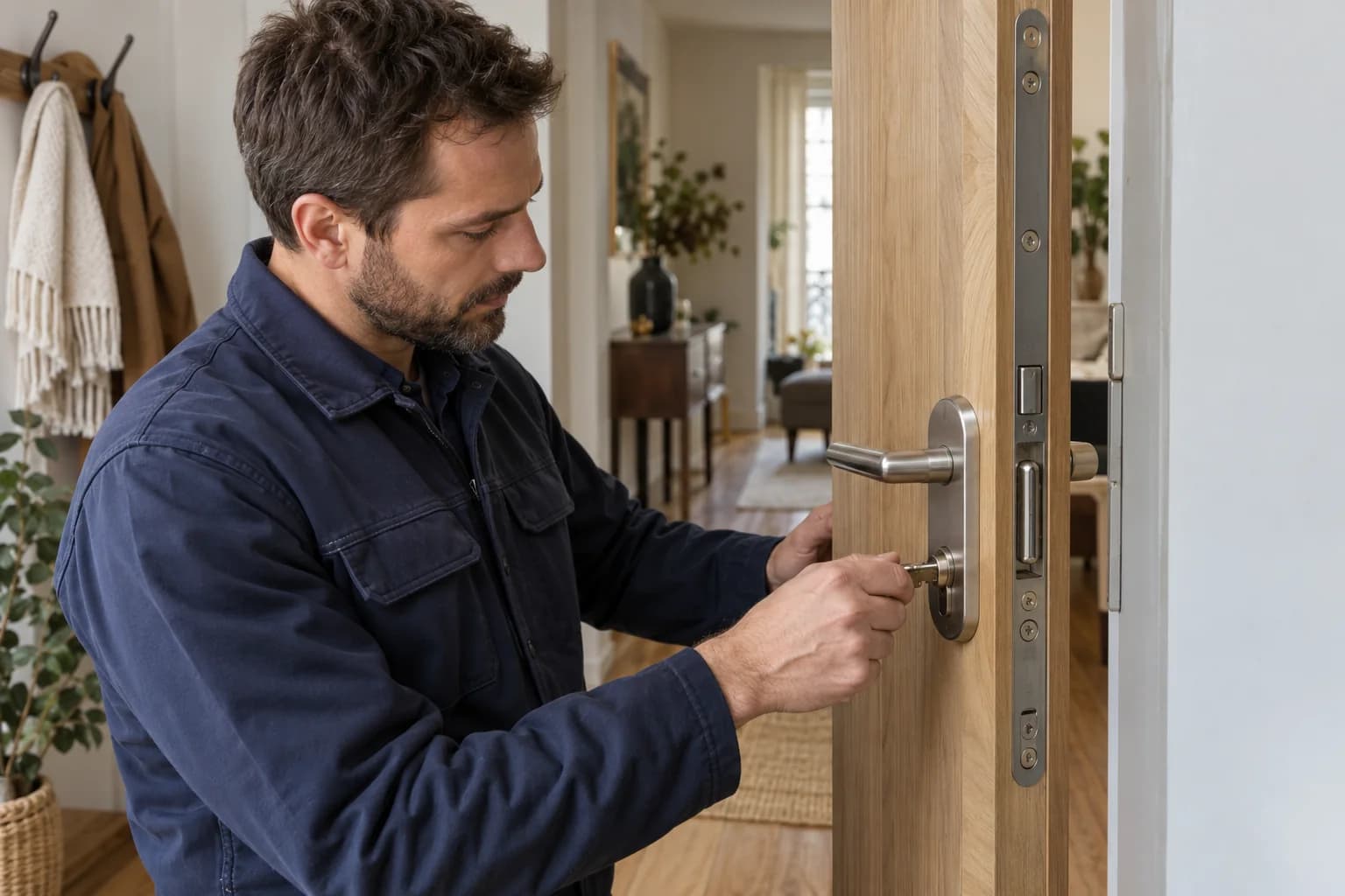 Un serrurier travaille au niveau de la poignée et de la serrure d’une porte en bois entrouverte.