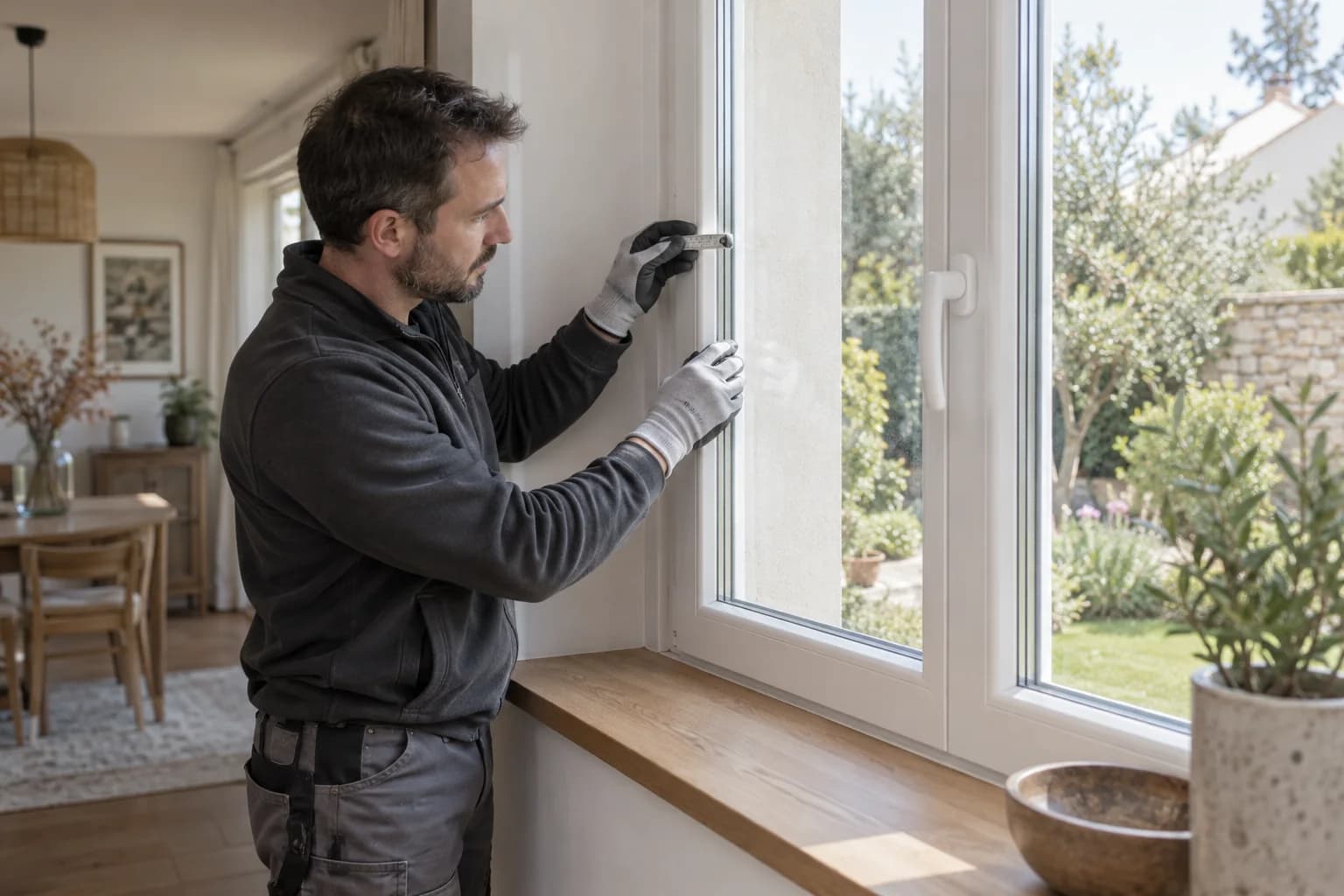 Un vitrier ganté examine le bord d’une fenêtre ouverte sur un jardin.