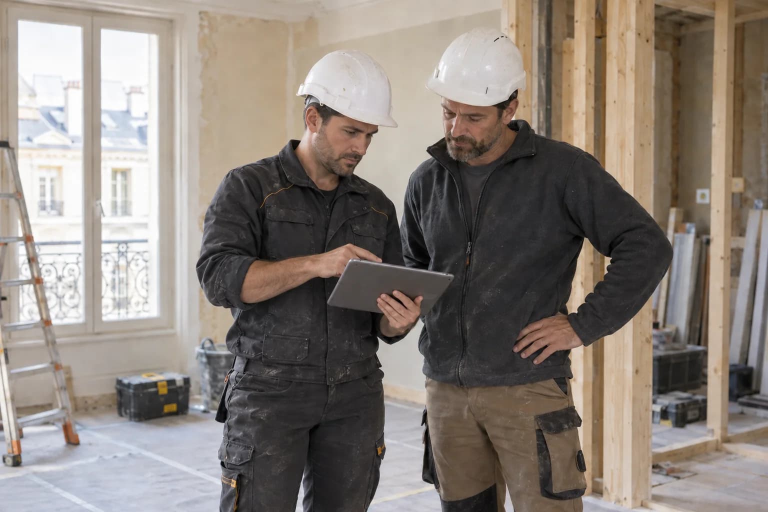 Deux professionnels casqués consultent une tablette dans un intérieur en rénovation.