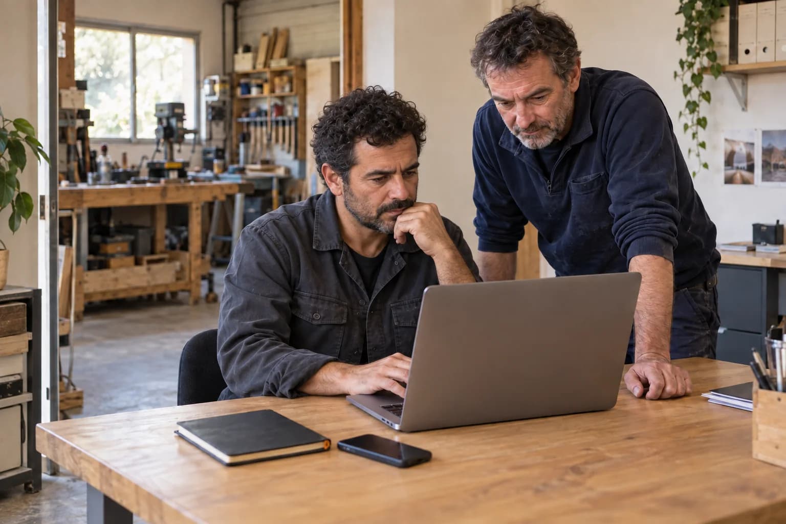 Deux hommes travaillant devant un ordinateur portable dans un bureau attenant à un atelier.