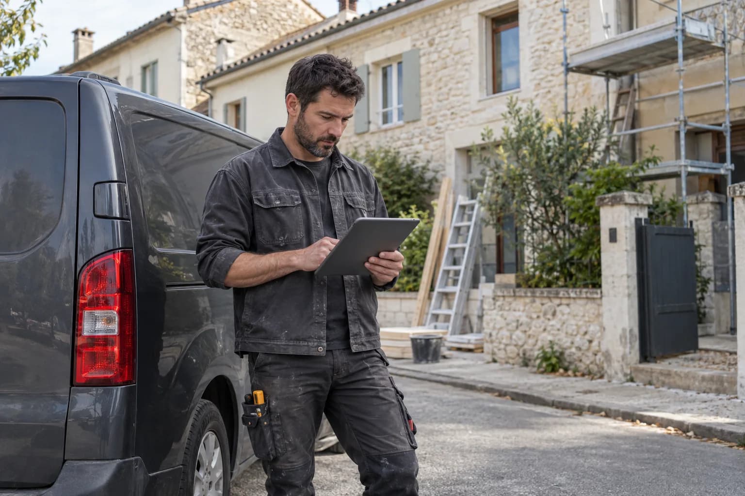 Artisan consultant sa tablette à côté d’un utilitaire stationné.