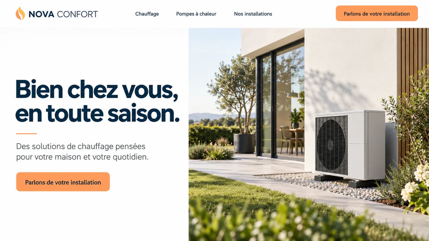 Concept de site de chauffage NOVA CONFORT, fond blanc, accents orange et pompe à chaleur devant une maison.