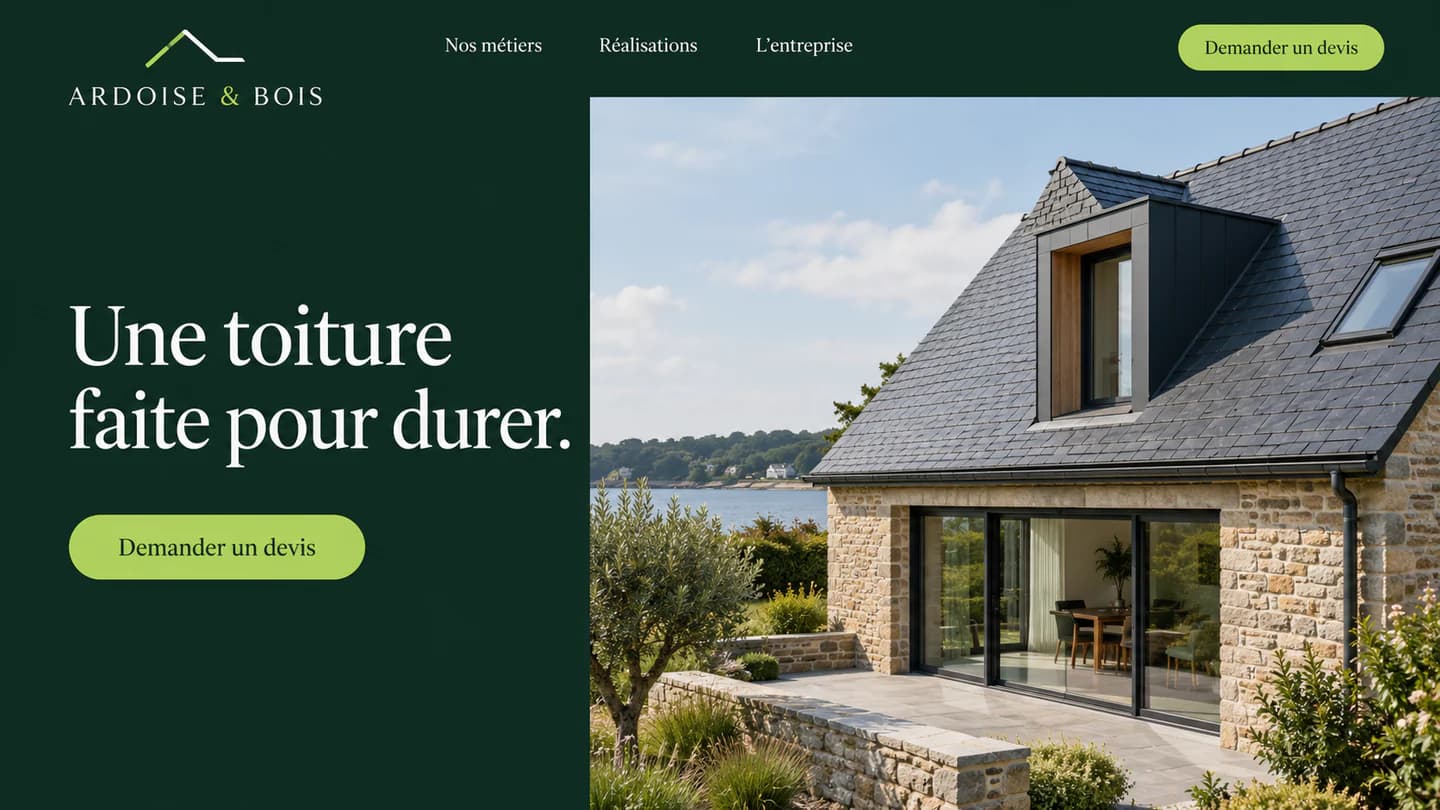 Concept de site de couverture ARDOISE & BOIS, fond vert forêt et toiture en ardoise.