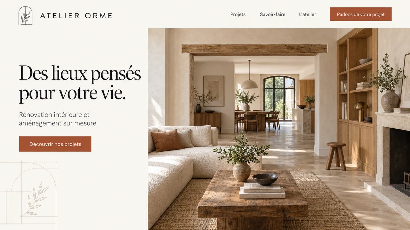 Concept de site de rénovation ATELIER ORME, tons crème et photographie d’un intérieur lumineux.